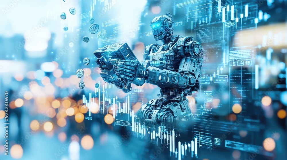 Poster futuristic finance management - robot analyzing digital coins and graphs on holographic screen in bl