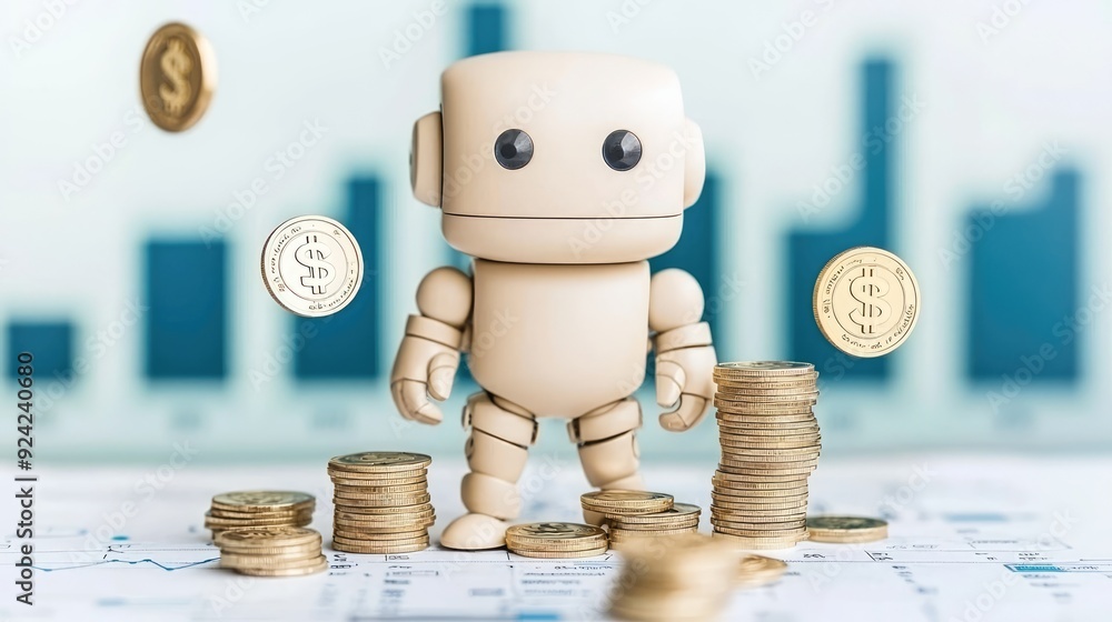 Poster futuristic finance management - robot analyzing digital coins and graphs on holographic screen in bl