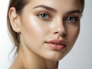 Naklejka premium Close-up Portrait of a Woman with Blue Eyes and Soft Makeup