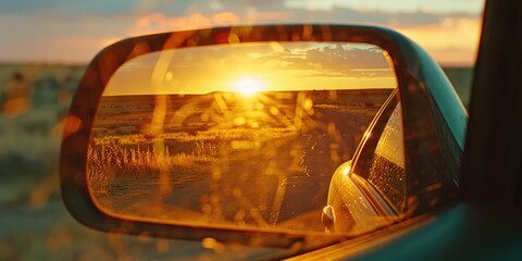 Country road sunset reflection in rearview mirror