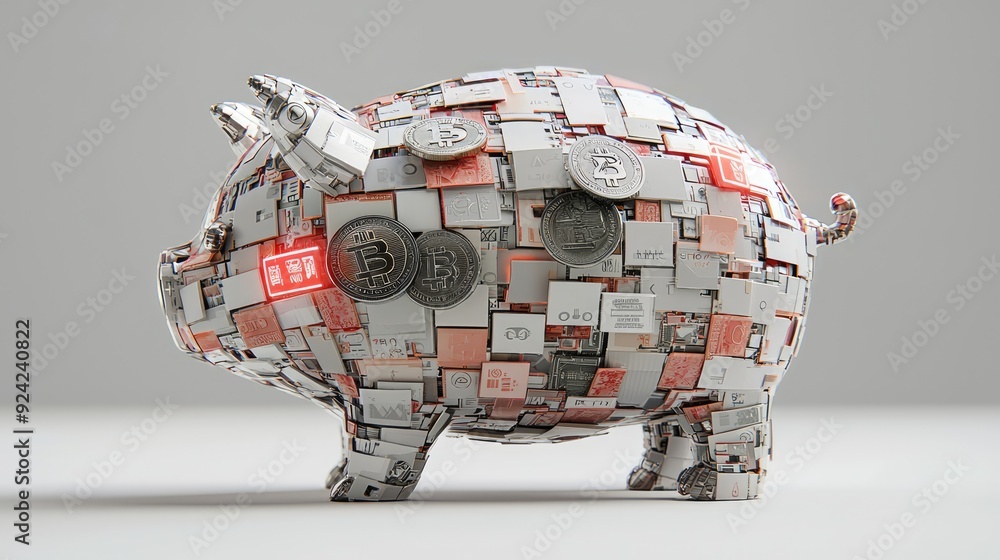 Poster futuristic robotic piggy bank sorting digital coins in cyberpunk style - 3d render with high contras