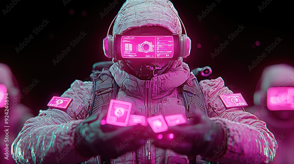 Poster Virtual Reality Financial Management with Holographic Interface - Futuristic High-Tech Concept with Glowing Currency Symbols and Sharp Lighting, Generative Ai