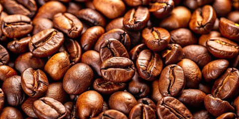 Fototapeta premium Close-up shot of freshly roasted coffee beans, coffee, beans, background, texture, roasted, close-up, brown, aroma, caffeine