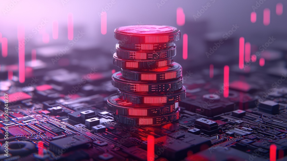 Poster digital currency revolution - futuristic holographic coin stack with circuitry designs in void, sci-