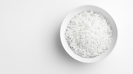 A simple serving of plain white rice on a white dish, set against a clean white background, emphasizing the minimalist and classic presentation.