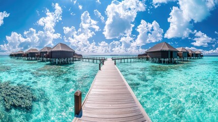 Breathtaking panorama of overwater bungalows in the Maldives, with a wooden jetty leading out to the crystal-clear lagoon, set against a perfect tropical summer day.