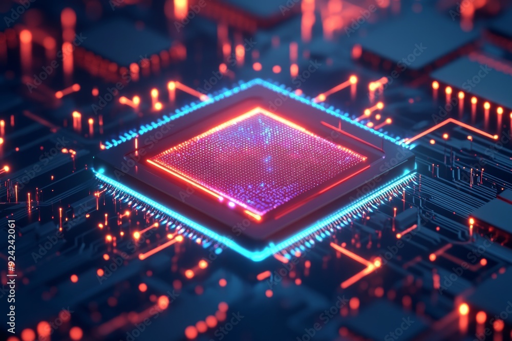 Aufkleber futuristic microchip glowing with neon lights symbolizing the advanced cutting edge technology and d