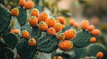 Close-up shot of ripe orange Opuntia ficus-indica fruits on the island of Gozo, Malta, showcasing the vibrant colors and textures of this iconic Mediterranean cactus.