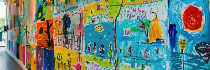 Kids' drawings displayed on the walls