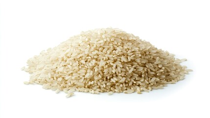 Heap of uncooked Jasmine rice grains spread out on a white background, perfectly isolated with a clipping path. Organic and natural food theme.
