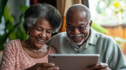 A senior couple learns to video call their grandchildren, joyfully bridging the distance with smiles.