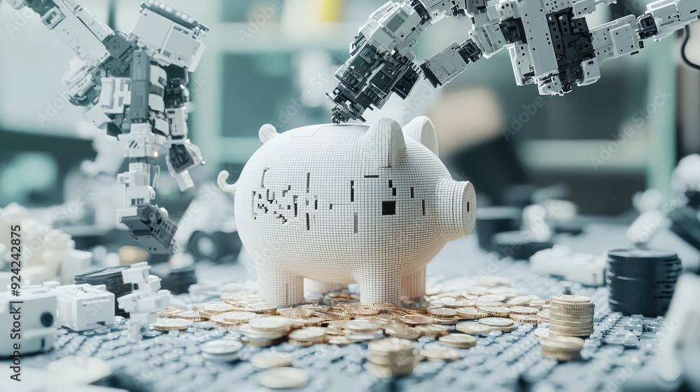Poster digital currency guardian - cyberpunk futuristic piggy bank sorting glowing coins with robotic arms 
