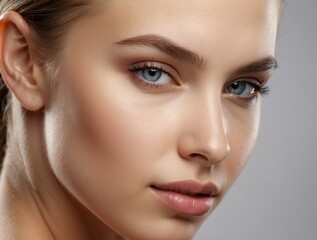 Fototapeta premium Close-up Portrait of a Woman with Blue Eyes and Soft Makeup