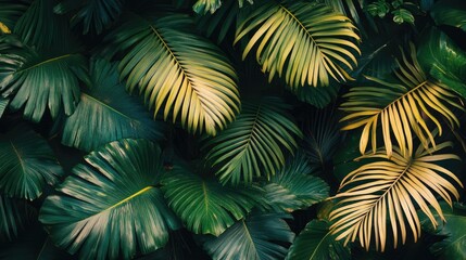 Naklejka premium Vibrant green and yellow palm leaves. Use for designs about nature, relaxation, or travel.