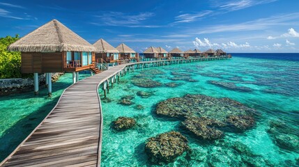 Fototapeta premium Sweeping panorama of tropical water bungalows in the Maldives, connected by a wooden walkway, with the lush greenery and crystal-clear waters completing the idyllic summer setting.