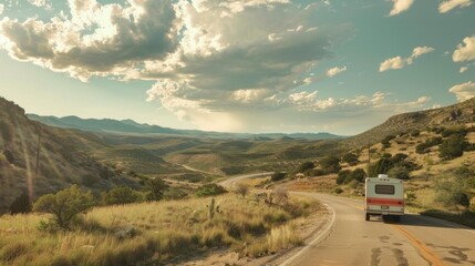 Fototapeta premium A rv traveling down a curvy road in the mountains. AI.