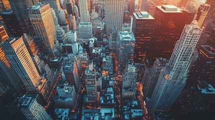 Top view of a beautiful city skyline at sunset, with skyscrapers glowing in warm hues and streets bustling with traffic, creating a vibrant urban scene.