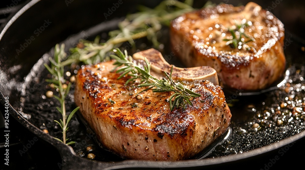 Wall mural Sizzling cast iron skillets, perfectly seared pork Chops with rosemary and thyme garnish. This visual representation