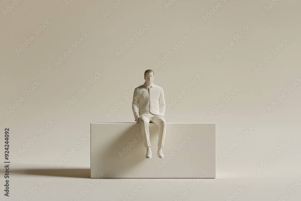 Poster monochrome sculpture of a seated figure on a minimalist platform representing solitude introspection