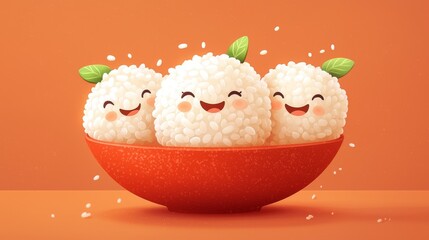 An illustration of rice balls in a bowl with cute smiling cartoon faces. 