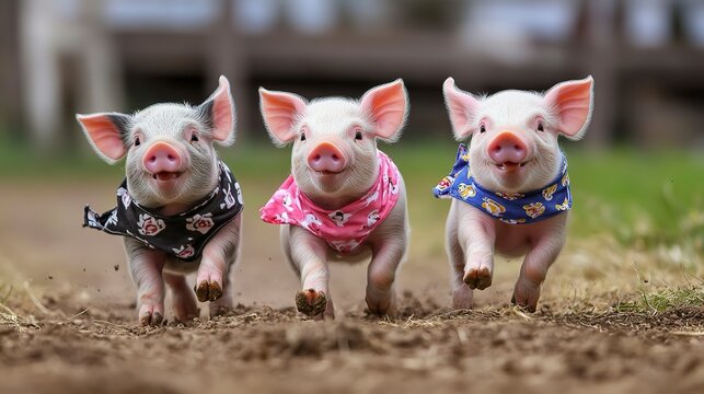 racing pigs pig race Four adorable piglets colorful bandanas