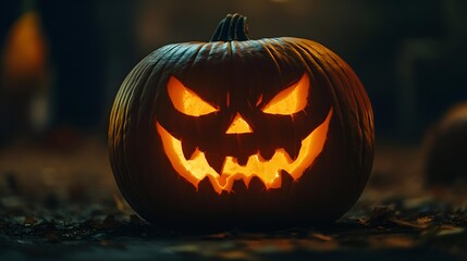 Obraz premium Glowing orange pumpkin carved with spooky face, isolated vector illustration for Halloween holiday