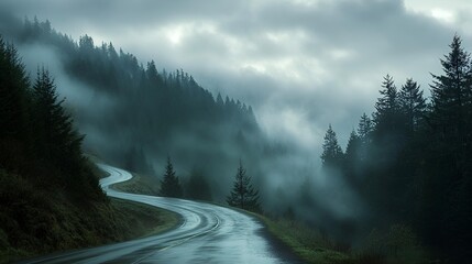 Misty winter wonderland with snow-kissed trees, frozen forest road, and distant mountain peaks shrouded in fog