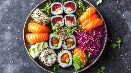 Top view of a sushi platter with colorful rolls, garnished with sesame seeds and microgreens.