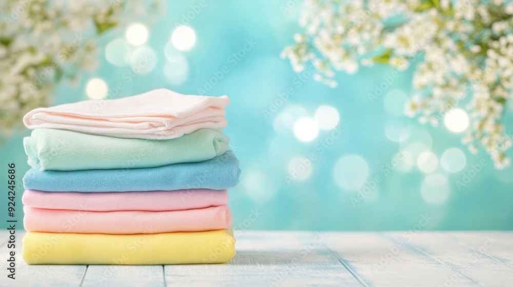 Aufkleber colorful laundry folded and organized on a table with a serene background featuring soft blooms and 