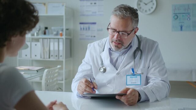 Middle aged male doctor wearing white lab coat with stethoscope around his neck asking female patient about symptoms and health condition, taking notes and giving consultation in clinic
