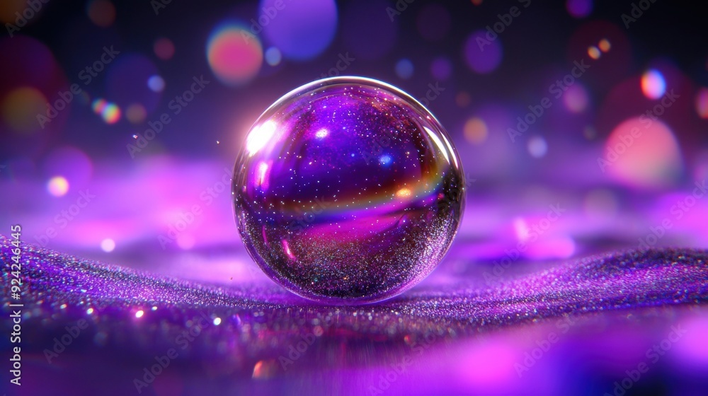 Poster a bubble glimmers with iridescent colors as it floats amid sparkling particles in the evening light