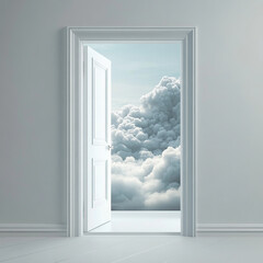 A white door opens to reveal an endless sky