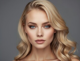 Fototapeta premium Portrait of a Woman with Long Blonde Hair and Blue Eyes