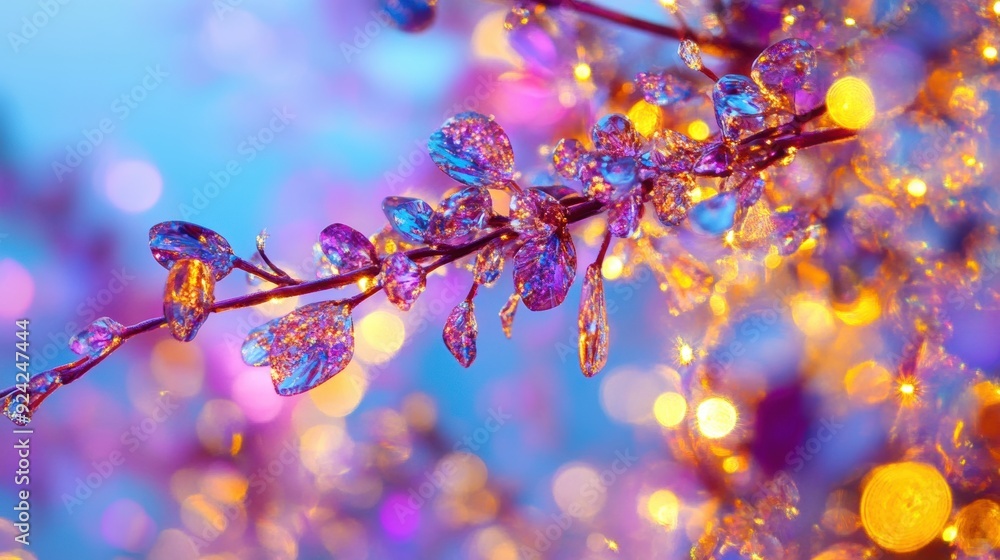 Poster colorful bokeh lights illuminate a branch, creating a mesmerizing effect in a tranquil outdoor setti