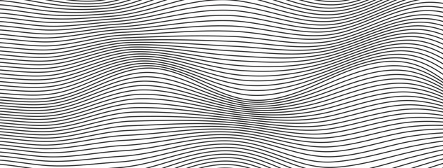 Wave lines abstract background, black thin wavy stripes with movement optical effect. Minimalistic drawing, graphic curves flow. Modern vector illustration isolated on white.