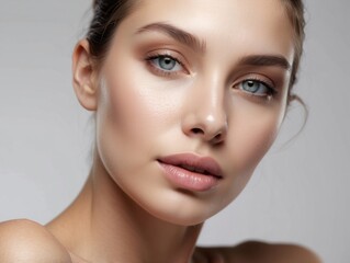Obraz premium Close-up Portrait of a Woman with Blue Eyes and Soft Makeup
