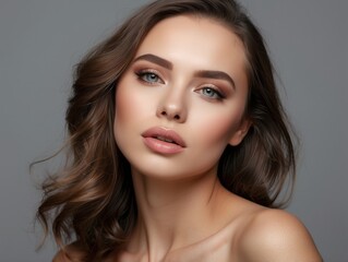 Fototapeta premium Close-up Portrait of a Woman with Long Brown Hair and Makeup