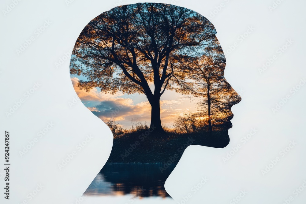 Poster silhouette of a human head with a tree inside symbolizing the connection between nature and the huma