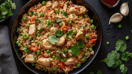 Top view of chili garlic fried rice with spicy chili garlic sauce, chicken, and mixed vegetables, garnished with cilantro.