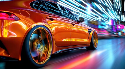 The bright orange car races through the city, illuminated by colorful lights at night