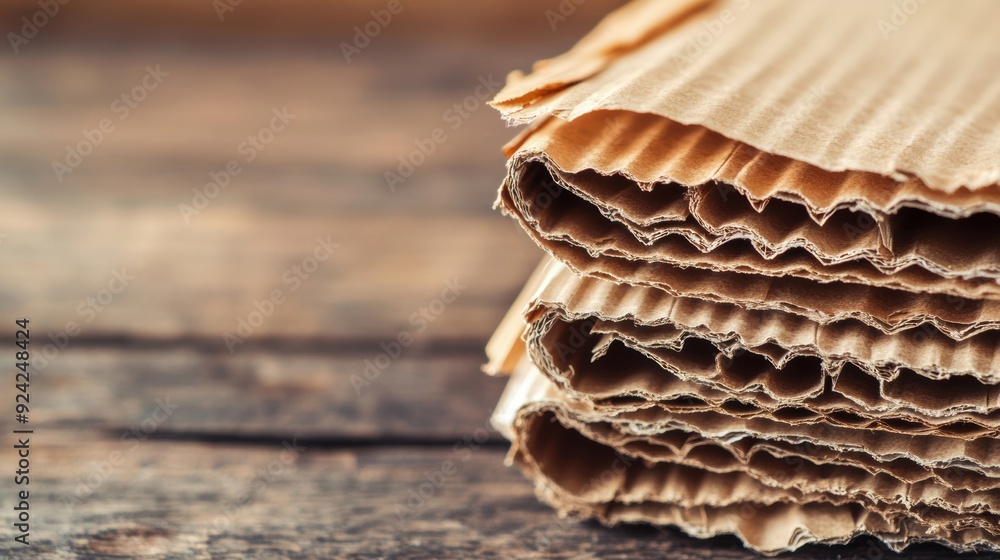 Aufkleber a stack of corrugated cardboard sheets resting on a rustic wooden table