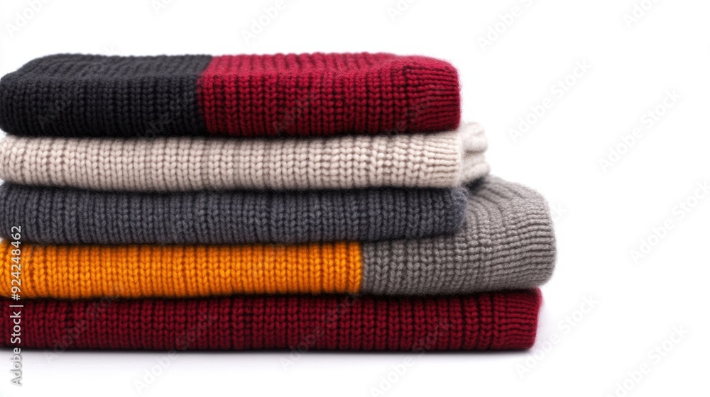 Poster a stack of neatly folded sweaters in rich autumn hues adds warmth and style to any space