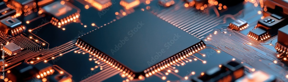 Poster a computer chip on a circuit board, showcasing intricate details and glowing components, symbolizing