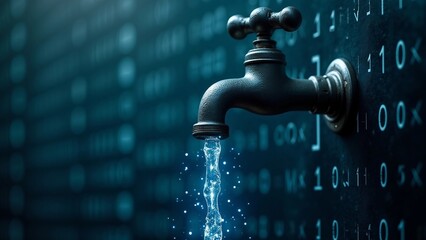 Data Leak Concept with Water Faucet and Binary Code