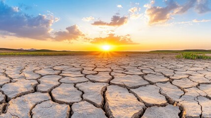 Golden hues fill the sky as the sun sets over the parched, cracked earth of a vast desert landscape