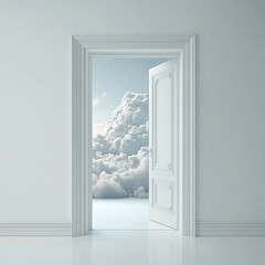 Obraz premium A white door opens to reveal an endless sky