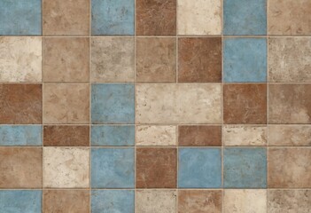 Brown blue geometric shabby patchwork motif porcelain stoneware tiles stone concrete cement wall texture background. Ai generated image.