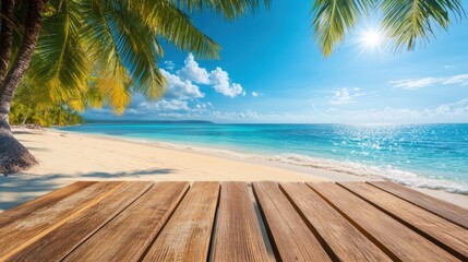 A wooden table sits on the sand, with palm trees framing a beautiful tropical beach