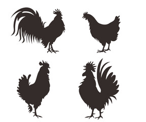 rooster hen chicken silhouette set