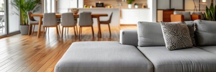Contemporary sofa in the foreground of a living space featuring a dining table on a hardwood floor.